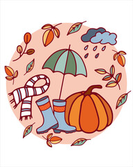 Autumn falling leaves, pumpkin, boots, umbrella and other. Perfect for scrapbook, card, poster.