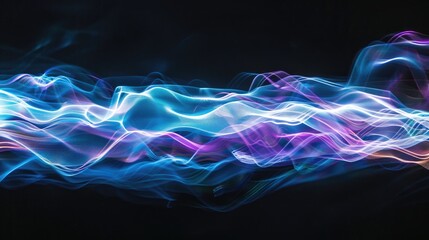Abstract white and blue wave motion with blurred neon lights on a black background
