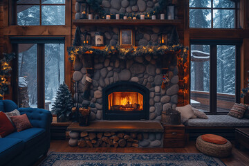 Cozy stone fireplace burning in log cabin living room during snowfall