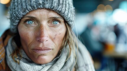 A middle-aged woman gazes forward wearing a cozy knitted cap and scarf with a blurred background, showcasing her intense blue eyes and weathered facial expressions.