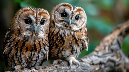 A stunning photograph of two owls sitting side by side on a branch, surrounded by greenery, showcasing their beautiful feather patterns and keen eyesight.