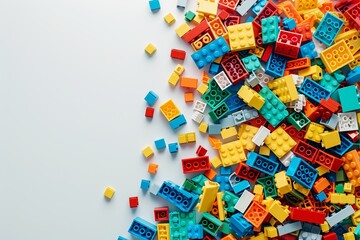 Colorful plastic bricks scattered on a white background, concept of creativity and construction