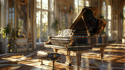 Elegant grand piano in a luxurious classical music hall at sunrise