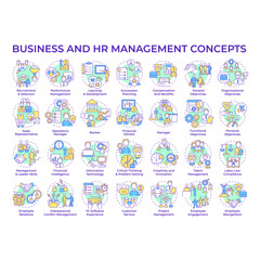 Business and HR management multi color concept icons. Professional development. Critical thinking. Talent hiring. Icon pack. Vector images. Round shape illustrations. Abstract idea