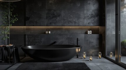 Bathroom interior design, matte black bath and modern shower
