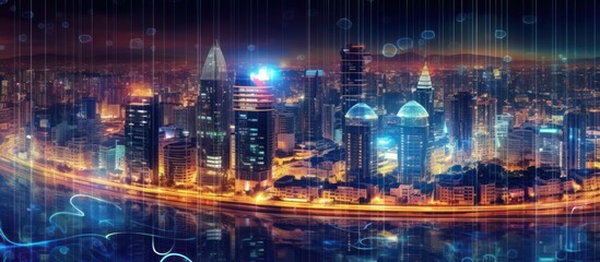 Obraz premium Night Cityscape with Digital Overlays