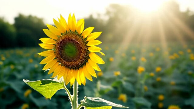  field of sunflowers with bright yellow flowers under a cloudy sky. 