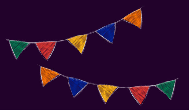 Festive flag garland scribble doodle.  Stylized pencil doodles. Vector illustration. EPS 10. Carnival, birthday, circus border decoration. 