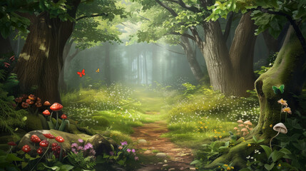 Enchanted whimsical forest scene with magical trees and glowing sunlight