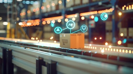 A box is on a conveyor belt in a warehouse. Generate AI image