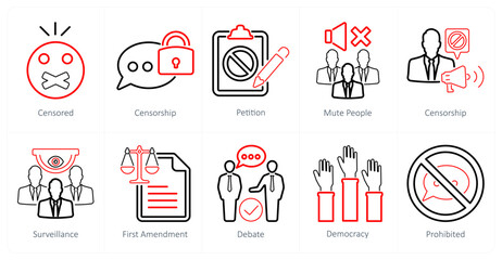 A set of 10 freedom of speech icons as censored, censorship, petition