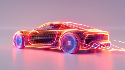 Model of a car with neon lighting on gradient background