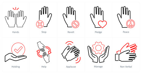 A set of 10 hands icons as hands, stop, revolt