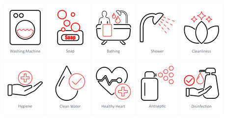 A set of 10 hygiene icons as washing machine, soap, bathing