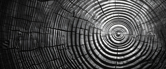 Obraz premium Abstract wood grain pattern background, circular rings resembling a tree trunk texture in monochrome.
