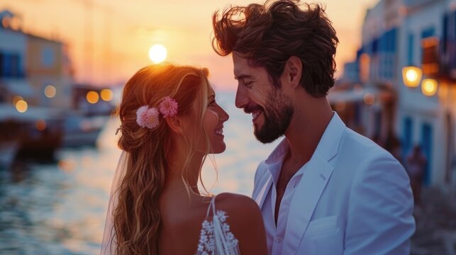 Pareja de novios enamorados, con puesta de sol en un atardecer bes&aacute;ndose en una ciudad de mar.