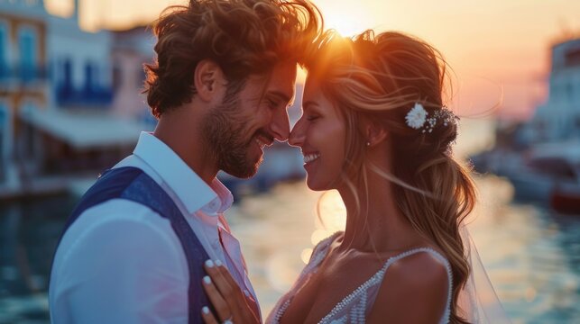 Pareja de novios enamorados, con puesta de sol en un atardecer bes&aacute;ndose en una ciudad de mar.