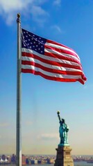 Naklejka premium Norteamérica y sus símbolos patrios. Bandera y estatua de la libertad, concepto de libertad en vísperas de elecciones de los estados unidos de America.