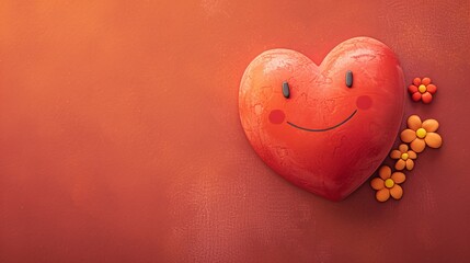 Cartoon heart with peace symbols and flowers on a plain background Stock Photo with copy space