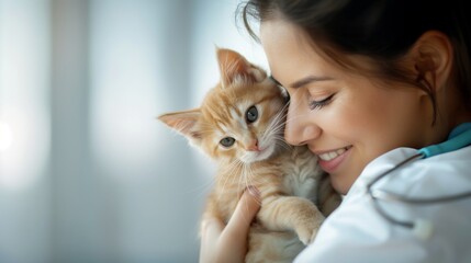 A woman lovingly cuddling with her adorable orange kitten, showcasing a bond of affection and warmth in a cozy indoor setting.