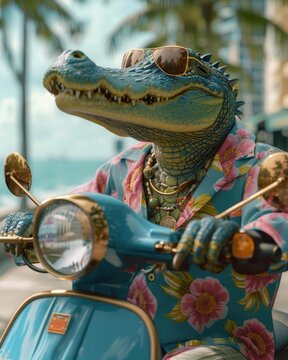 Cocodrilo en scooter+B8533 por Miami o ciudad de playa, con gafas, y camisa hawaiana, veraneando en vacaciones,  concepto de verano y disfrute tropical. Concepto de Imagen humor&iacute;stica g&aacute;nster pop.