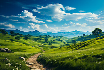 Naklejka premium A beautiful, open field with a dirt road running through it. The sky is blue with some clouds, and the sun is shining. Scene is peaceful and serene, with the vast expanse of green grass