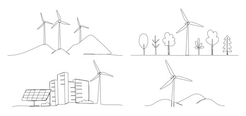 Wind generator in nature and city one line illustrations set, windmill single continuous line art drawing. Sustainable power sign © Elena
