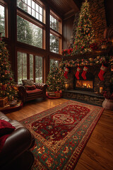 Fototapeta premium Christmas trees surrounding a stone fireplace with stockings hanging in a cozy living room