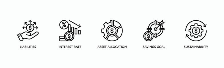 Financial Planning Banner Web Icon Vector Illustration Concept With Icon Of Liabilities, Interest Rate, Asset Allocation, Savings Goal, Sustainability