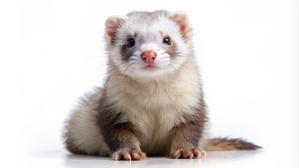 Adorable ferret with fluffy white fur and curious expression sits upright on isolated pure white studio background alone.