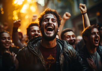 Fototapeta premium A man is smiling and surrounded by a group of people. Scene is joyful and celebratory