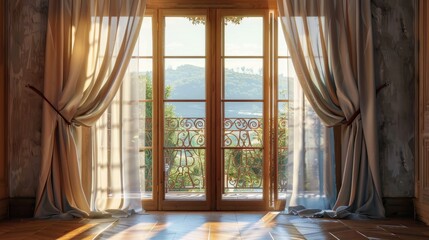 Fototapeta premium Wooden door frame with curtain on balcony morning
