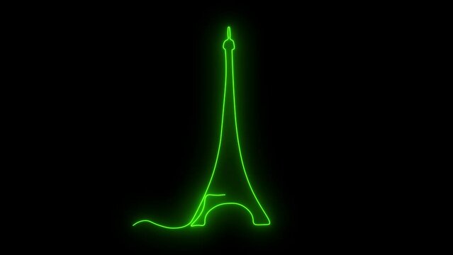 Self drawing animation one continuous line draw, logo, Abstract Eiffel Tower,Paris, Blazing green flame, energy