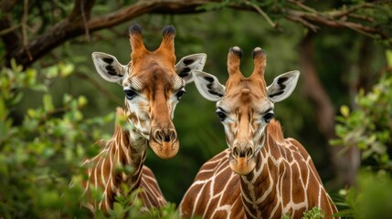Obraz premium Heads of two giraffes in front of green trees