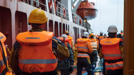 Maritime safety drill on cargo ship with crew donning life jackets