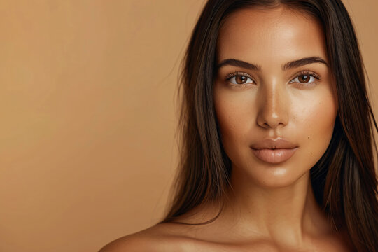 A portrait of an attractive woman in her late thirties with medium-length dark brown hair, wearing no makeup and a natural expression on her face. She has blue eyes and is standing against a beige bac