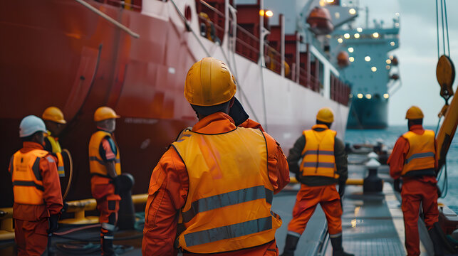 Maritime safety drill on cargo ship with crew donning life jackets