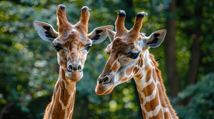 Obraz premium Heads of two giraffes in front of green trees