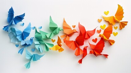2D paper crafts art depicting a peace banner with colorful hearts and doves in minimal style Stock Photo with copy space