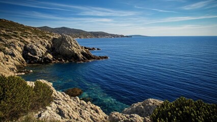 Fototapeta premium Tranquil coastal view with clear blue waters and rocky cliffs