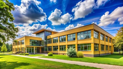 Yellow-walled contemporary school building with large windows, green trees, and a bright blue sky with fluffy white clouds surrounding it.