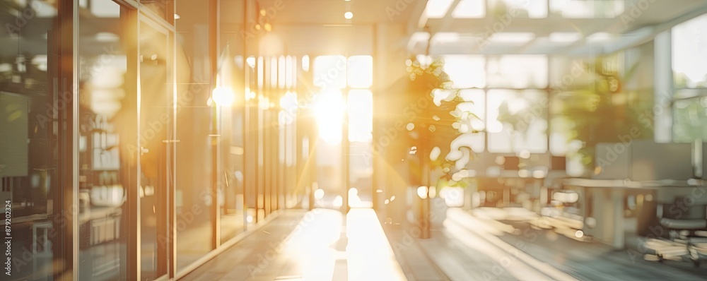 Poster Blurred modern office interior with glass walls and sun rays