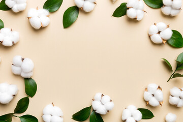 Autumn Floral Flat lay background composition. Dried white fluffy cotton flower branchwith green leaf top view on colored table with copy space