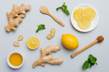 Natural cold and flu home remedies. Natural ingredients for immunity stimulation and viruses protection. top view flat lay