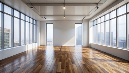 Fototapeta premium Minimalist empty room with white walls, wooden floor, and large window, providing a blank canvas for design and branding.