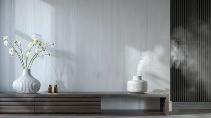 A modern, minimalist room with a chamomile essential oil diffuser placed on a sleek, dark wood console table. The diffuser is active, with a subtle mist enhancing the tranquil, modern aesthetic.