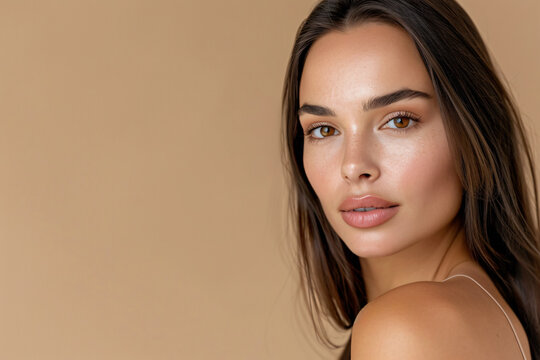 A portrait of an attractive woman in her late thirties with medium-length dark brown hair, wearing no makeup and a natural expression on her face. She has blue eyes and is standing against a beige bac