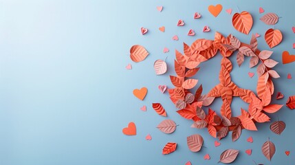 Minimal style 2D paper crafts art of a peace symbol made from leaves and hearts Stock Photo with copy space