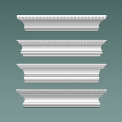 Wall and ceiling white classic gypsum cornice with ornament. Realistic 3d vector illustration set of molding crown trim for classic home interior design. Styrofoam ledge plinth decoration with pattern © klyaksun
