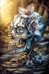 Blossoming Skull Adorned with Crystals and Flowers